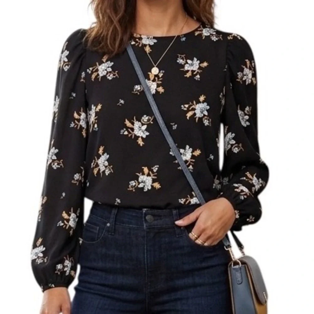 LOFT Petites Black Floral Puff Sleeve Blouse XSP Crew Neck Keyhole Back Top